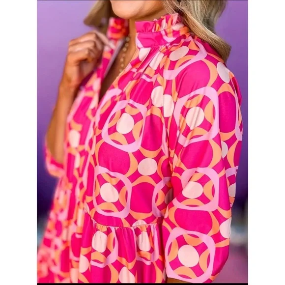 NEW! Watermelon Color Floral V Neck Ruffled Knee Length Flowy Dress! - Picture 6 of 6